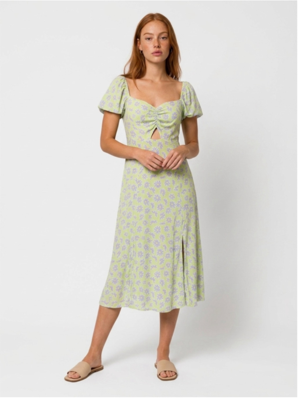 Bershka Green Purple Floral Puff Sleeve Cutout Midi Dress Medium